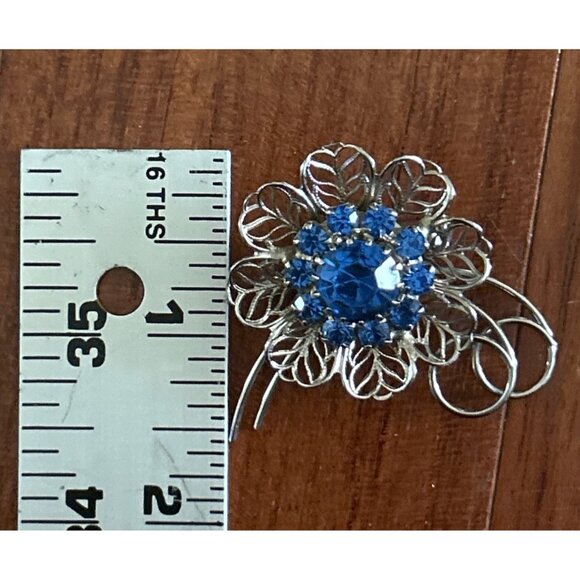 Vintage Silver Tone Blue Rhinestone Flower Brooch Pin - Picture 4 of 5